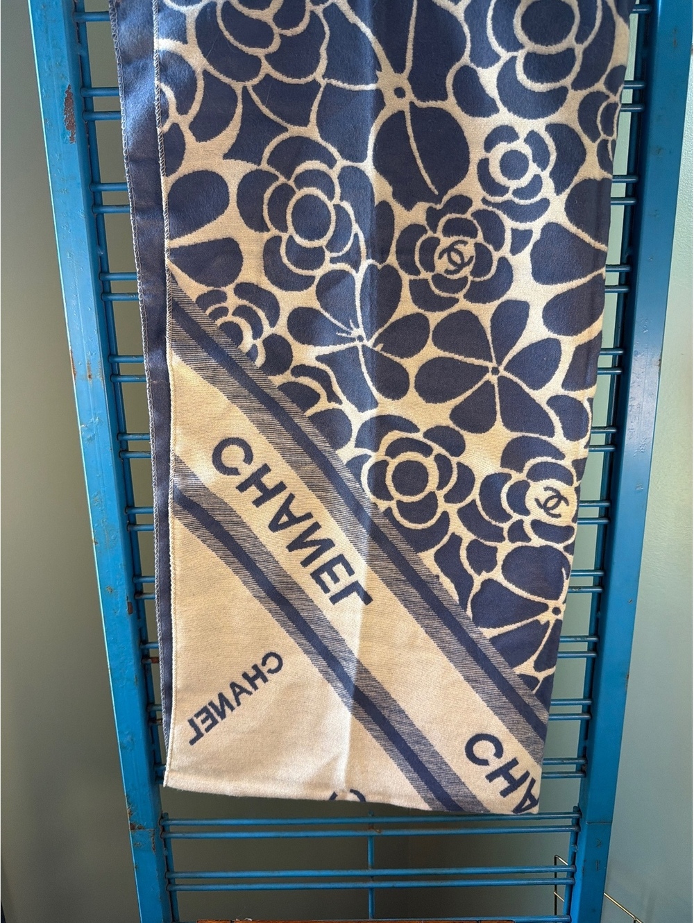 Chanel Floral Pattern Scarf Shawl in Navy and Cream
